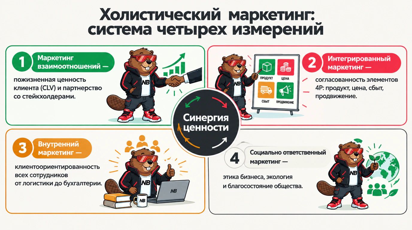 Инфографика: Четыре взаимосвязанных компонента холистического маркетинга по Филипу Котлеру