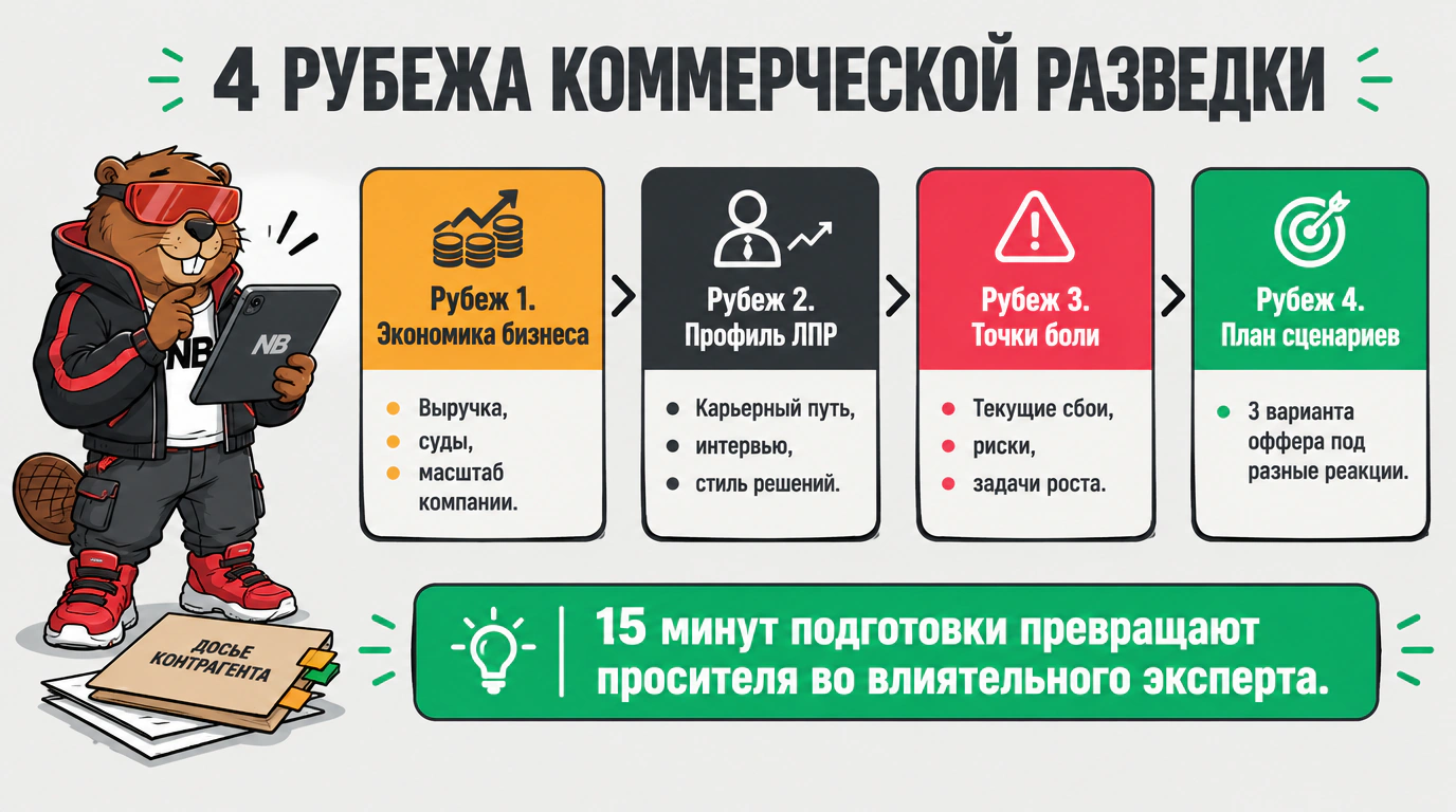 Инфографика 4 рубежей коммерческой разведки перед встречей с Клиентом.