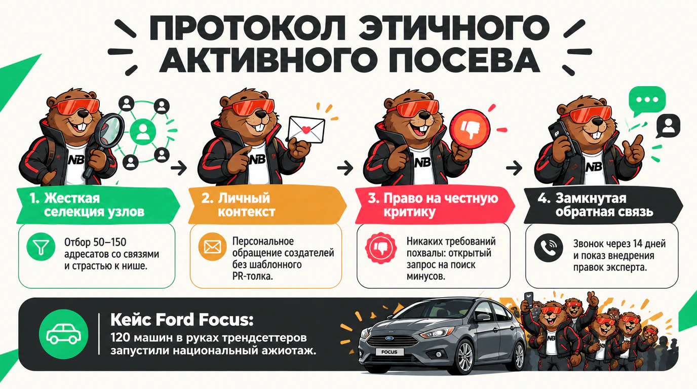 Инфографика четырех правил успешного активного посева образцов среди лидеров мнений без превращения в спам