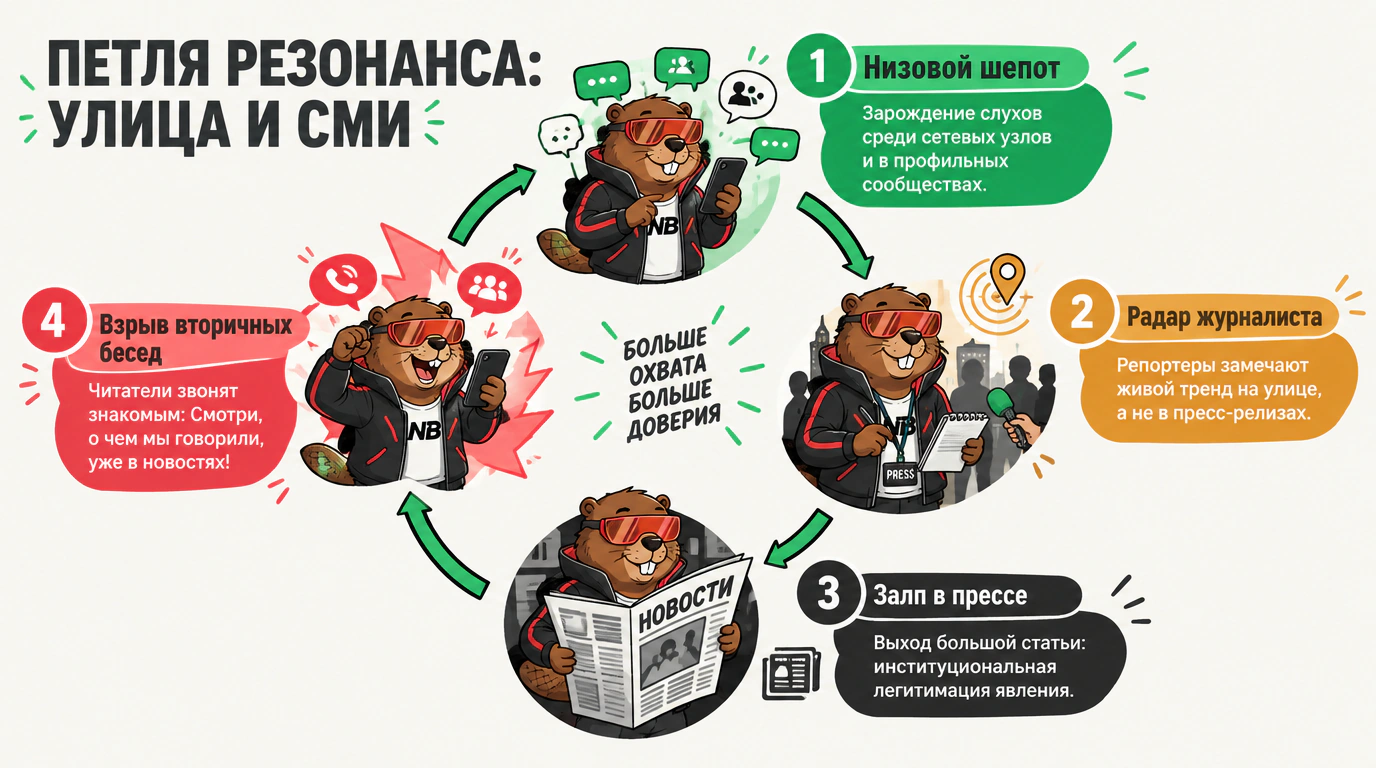 Инфографика петли резонанса между улицей и медиа: синхронизация горизонтальной молвы и вертикального охвата прессы