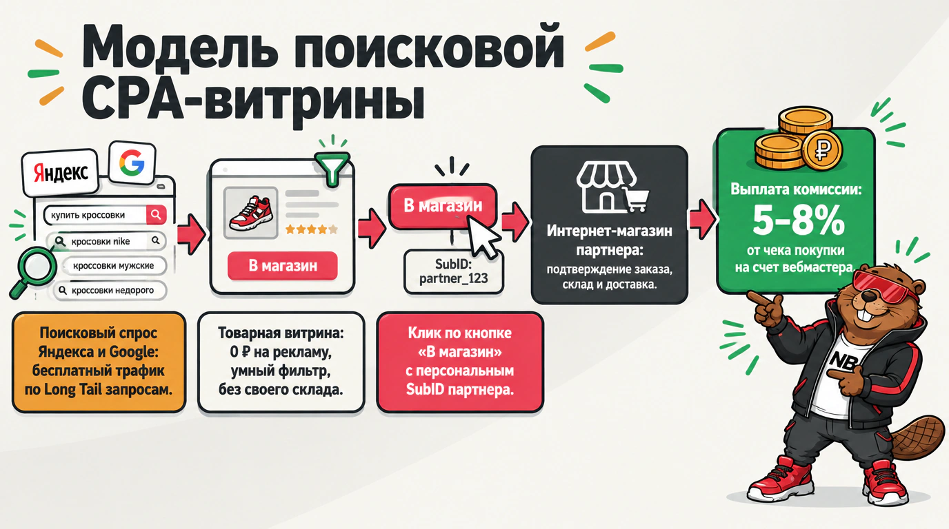 Инфографика сравнительной модели поисковой CPA-витрины против платного арбитража трафика