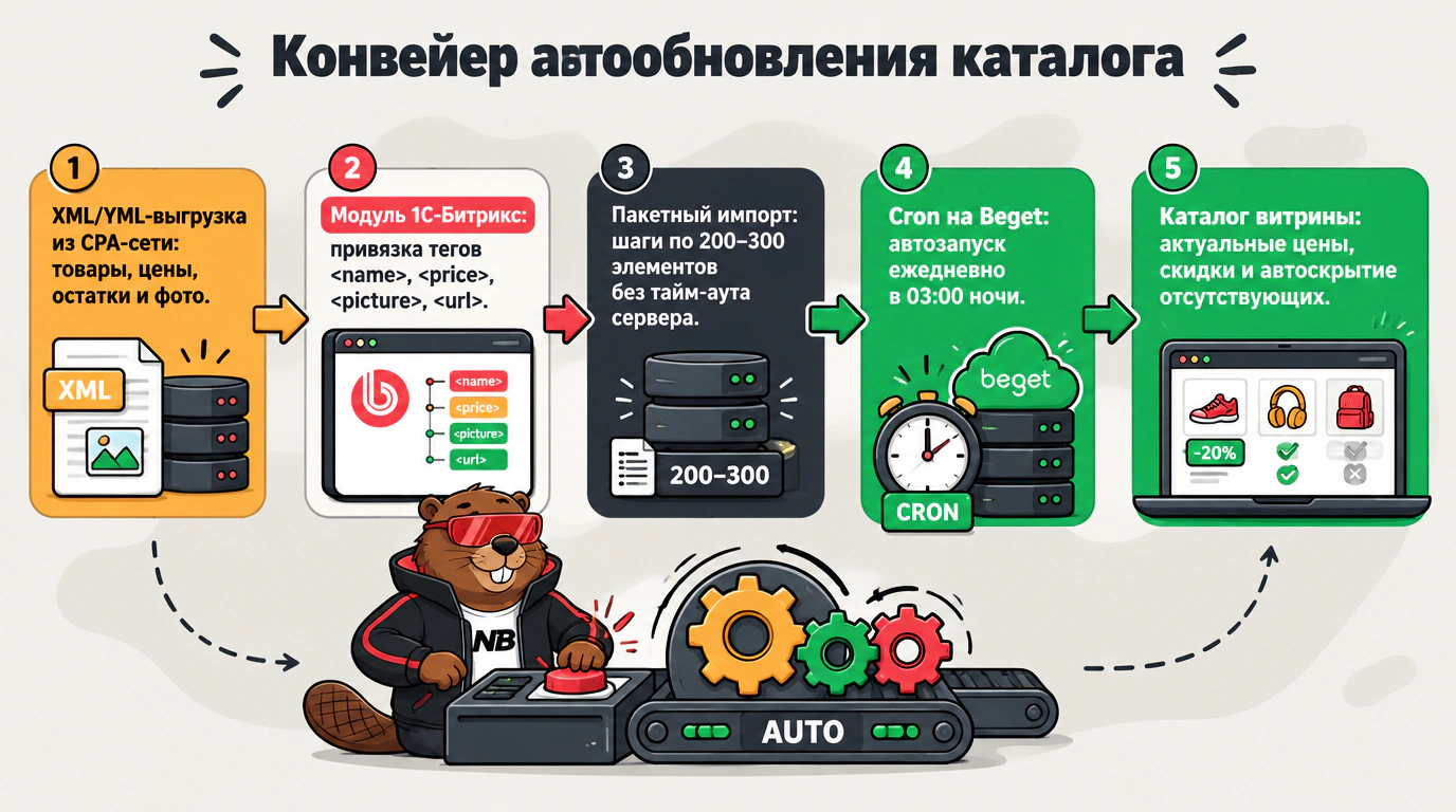 Инфографика конвейера автообновления товарного каталога через XML-фид и планировщик Cron