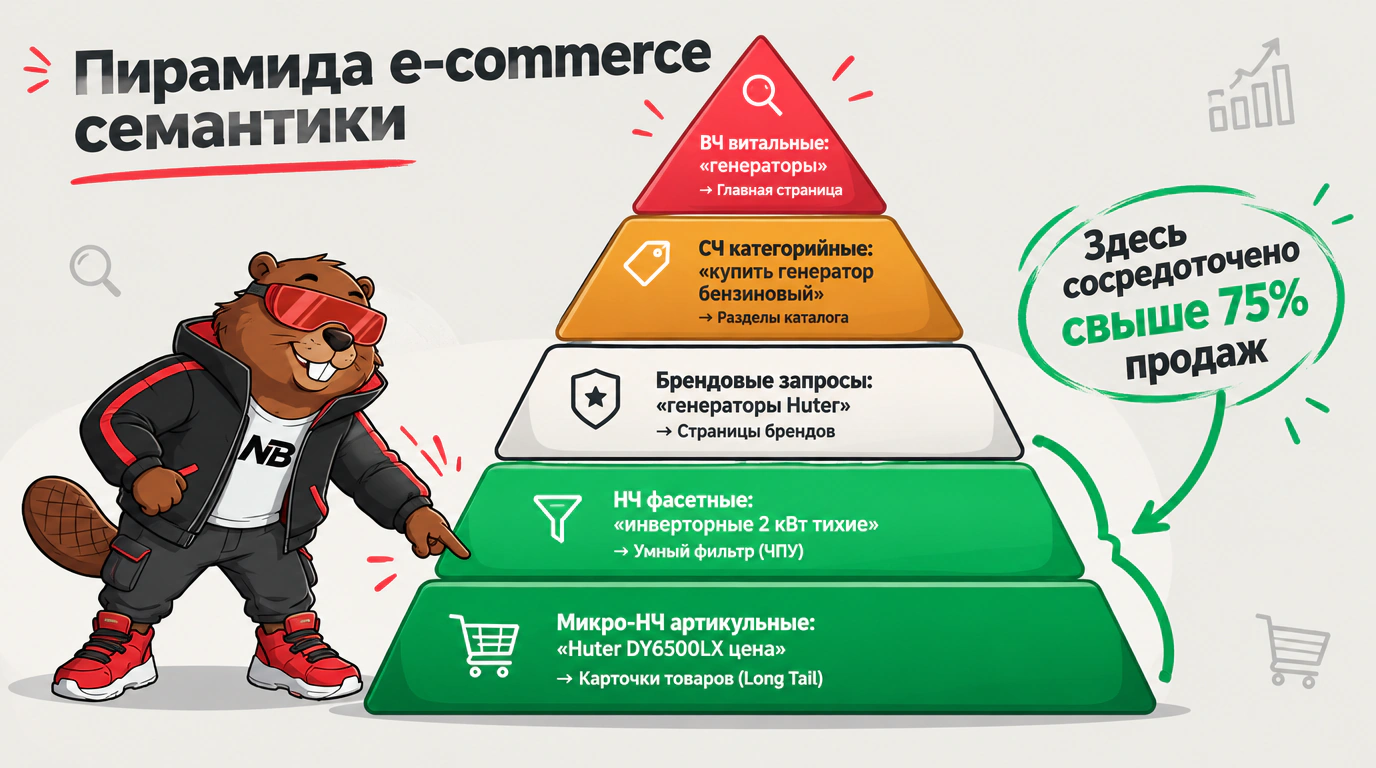 Инфографика пирамиды e-commerce семантики и посадочных уровней товарного каталога