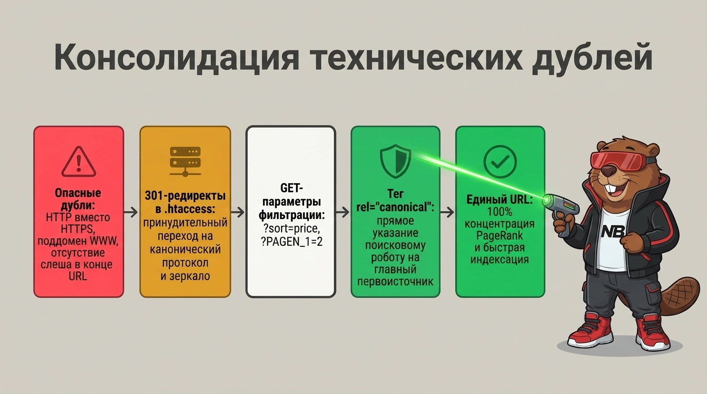 Инфографика консолидации технических дублей страниц в единый канонический URL