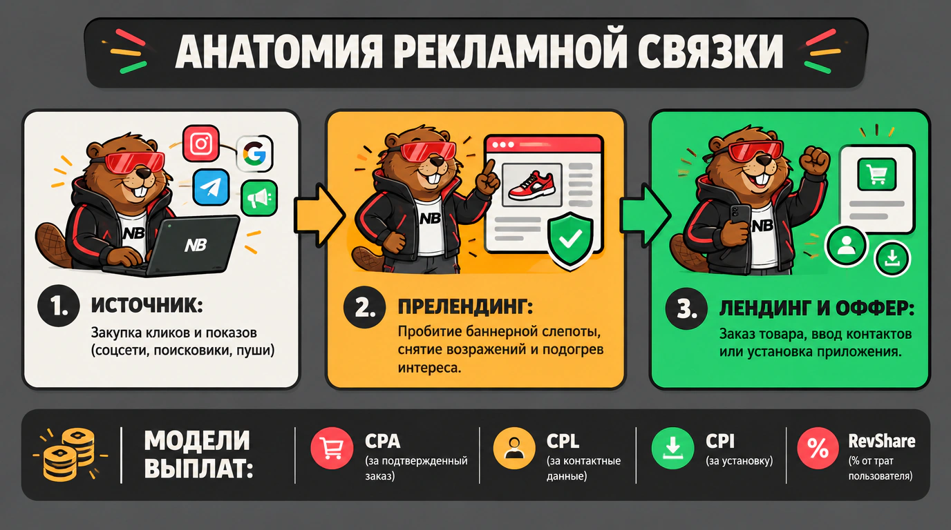 Инфографика архитектуры рекламной связки и ключевых моделей оплаты в арбитраже трафика