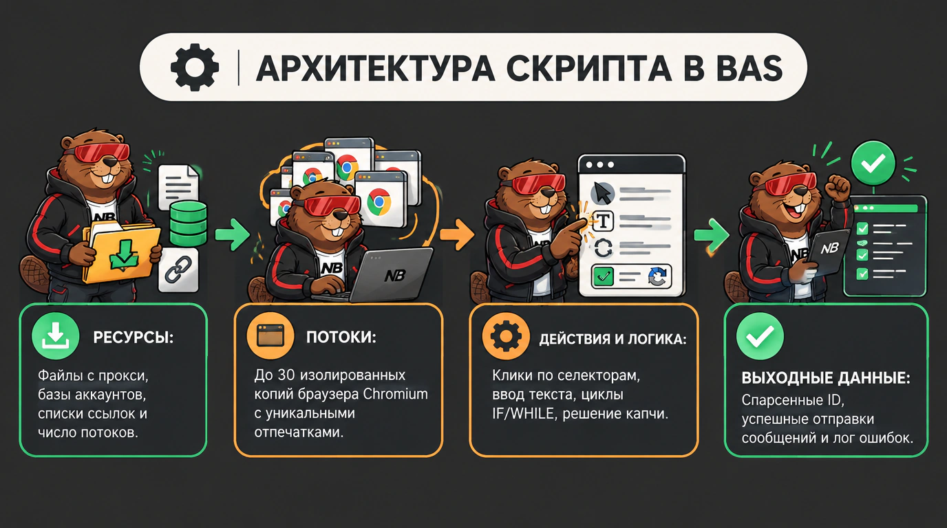 Инфографика архитектуры сценария Browser Automation Studio: ресурсы, потоки, логика и селекторы