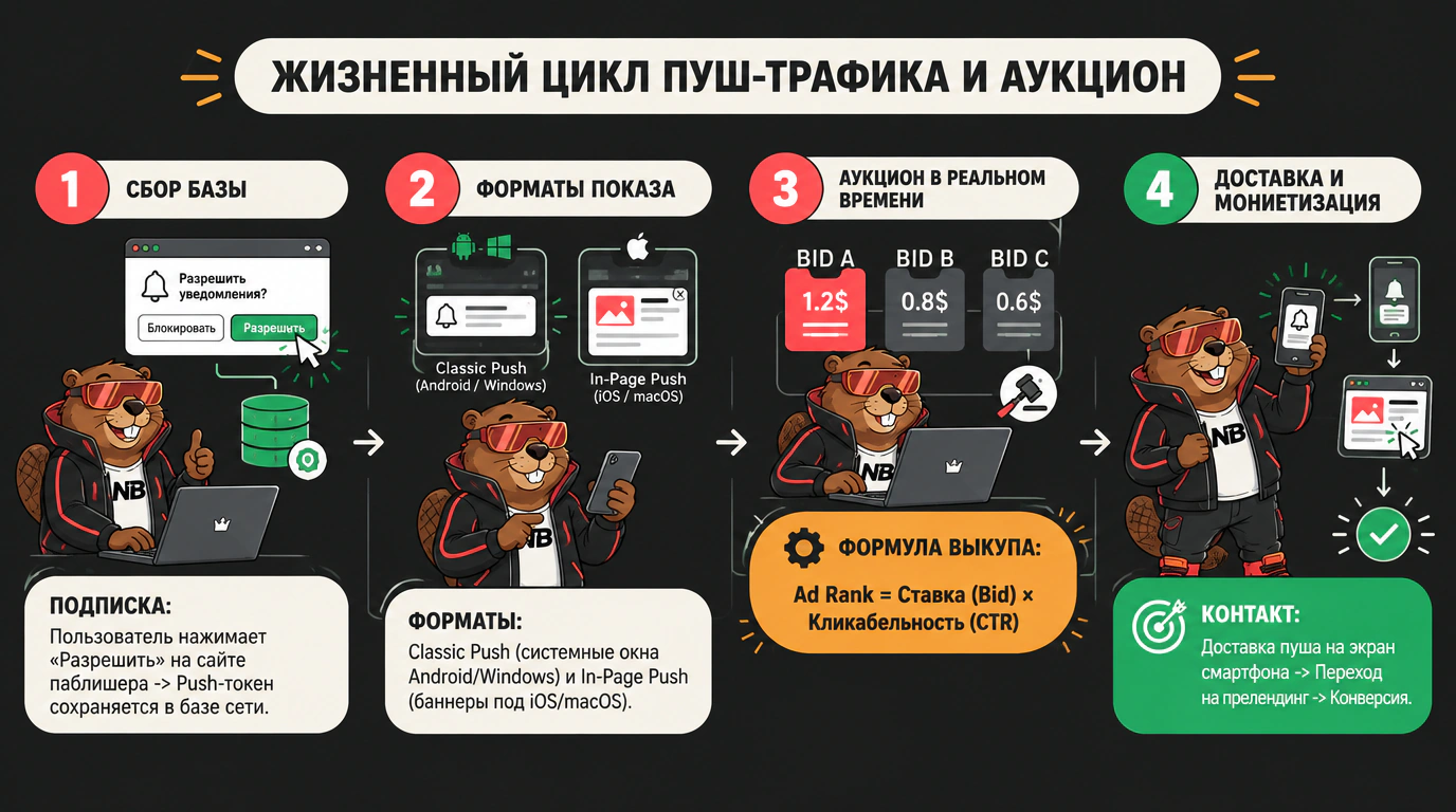 Инфографика жизненного цикла пуш-уведомлений и аукциона Ad Rank в сетях Push Ads