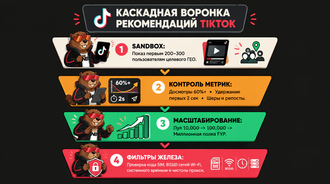 Инфографика каскадной воронки рекомендательного алгоритма TikTok и факторов виральности