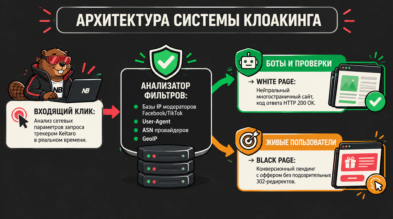 Инфографика двухпоточной архитектуры клоакинга: разделение ботов и пользователей в Keitaro