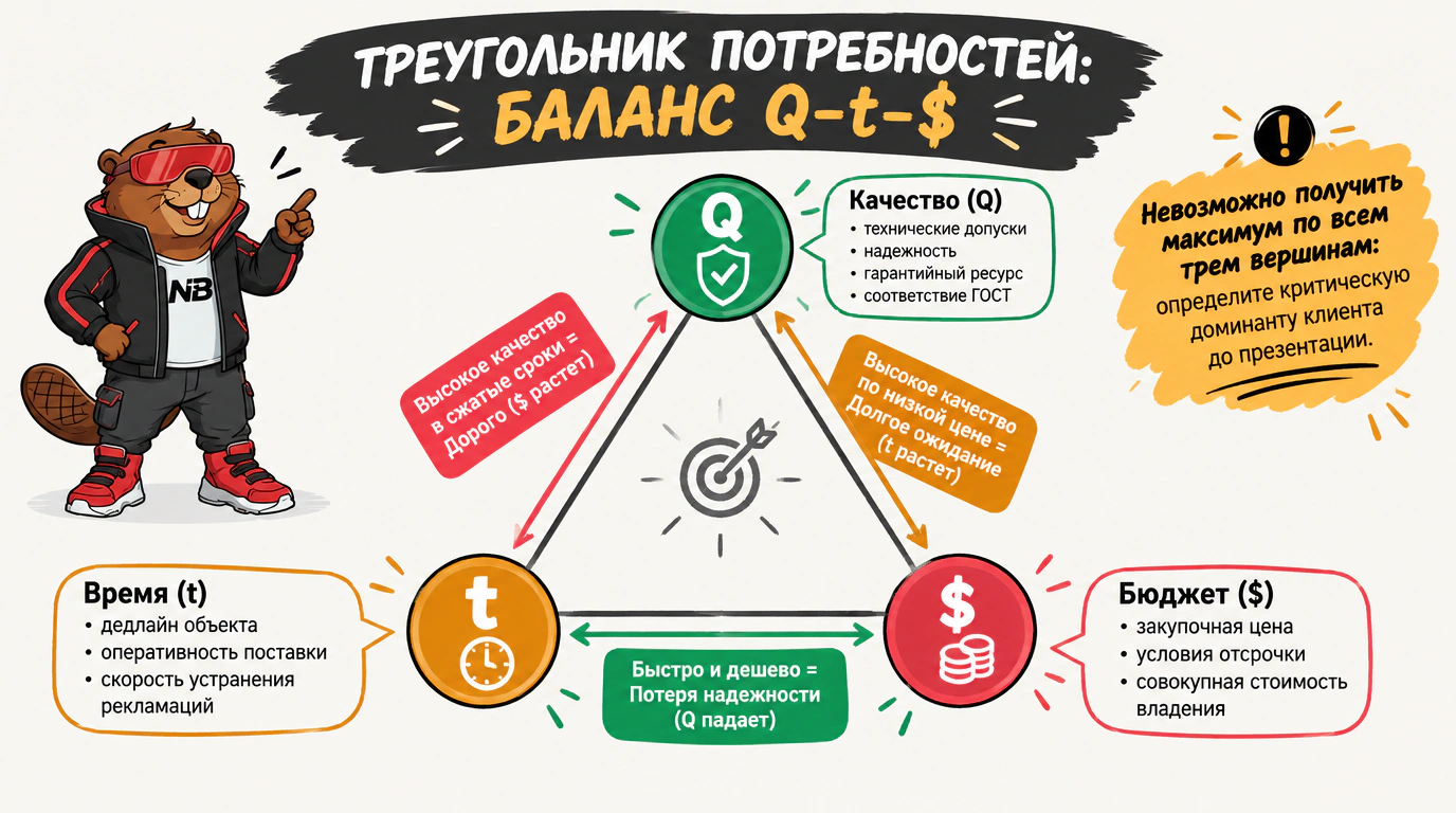 Инфографика закона компромисса трех параметров в треугольнике явных потребностей Q-t-$