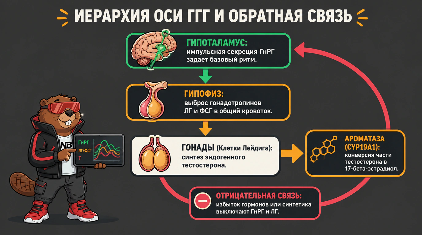 Инфографика эндокринной оси: трехступенчатая иерархия ГГГ, ароматаза и контур отрицательной обратной связи