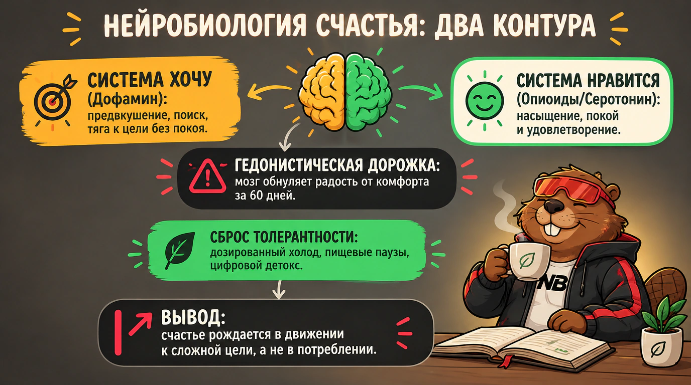 Инфографика нейробиологии счастья: дофаминовая система 'Хочу' против опиоидной 'Нравится' и протокол сброса толерантности
