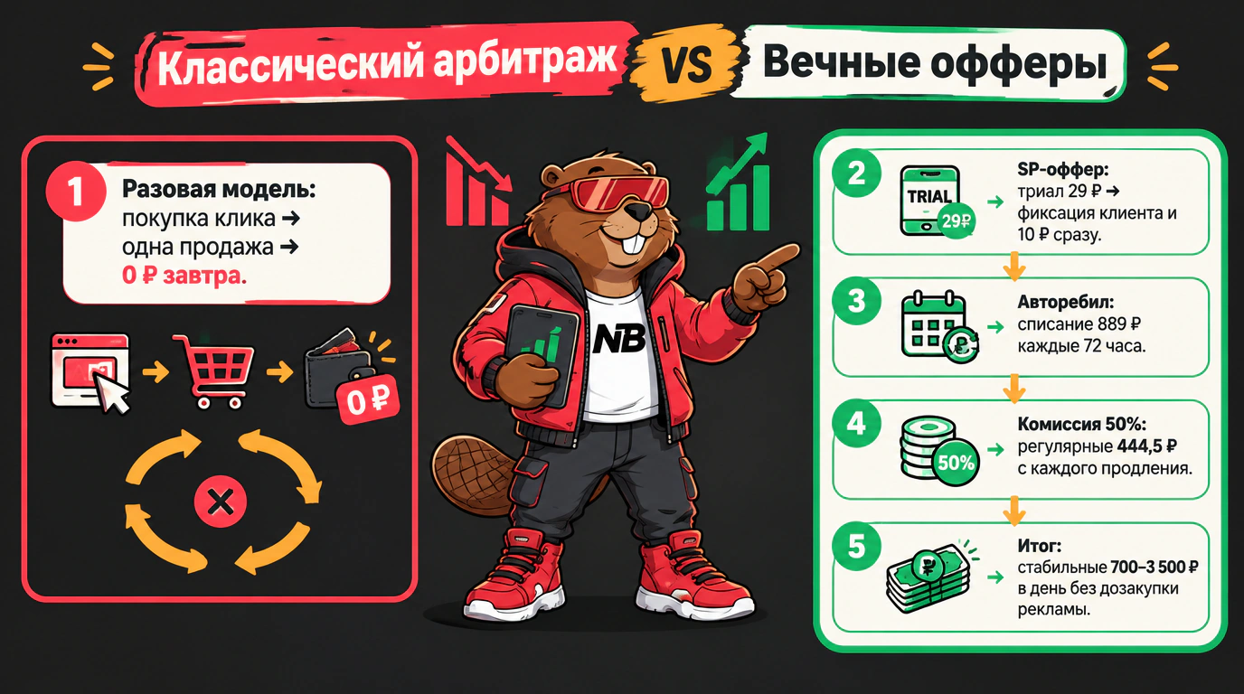 Инфографика сравнения классического арбитража и модели вечных офферов с рекуррентными выплатами