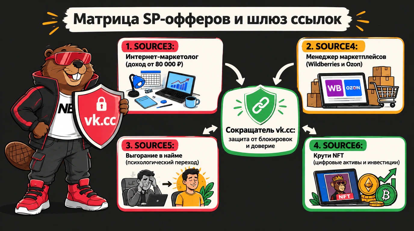 Схема продуктовой матрицы четырех SP-офферов и безопасной маскировки ссылок через vk.cc