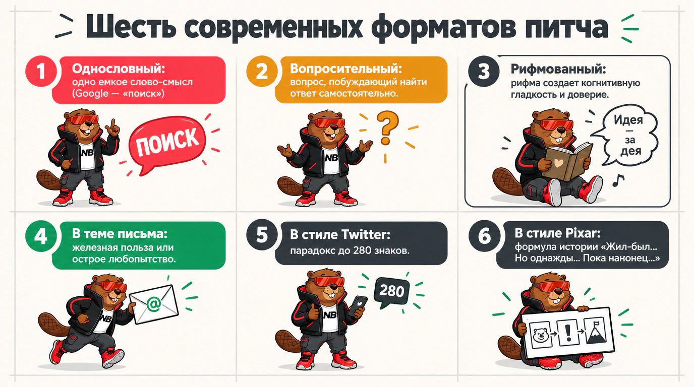 Инфографика шести современных форматов краткой презентации взамен устаревшего питча в лифте