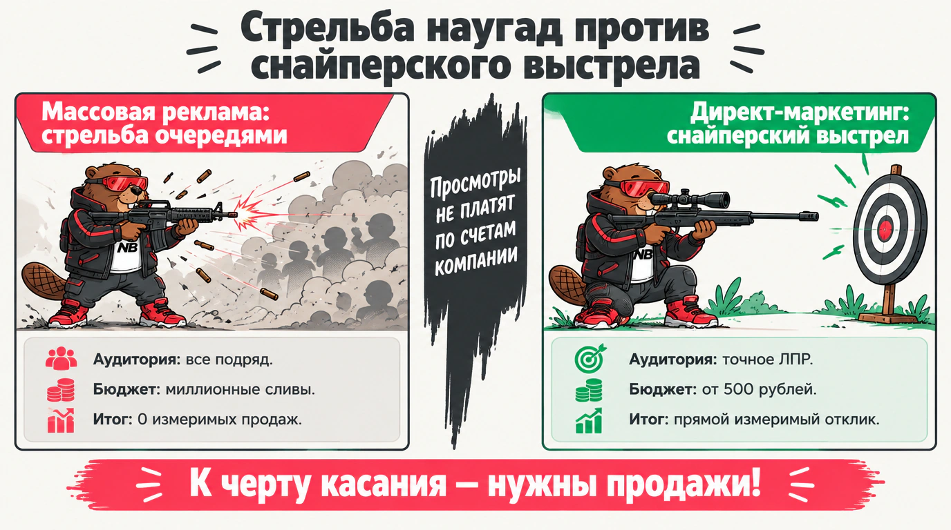 Инфографика сравнения массовой рекламы и снайперского директ-маркетинга по аудитории, расходам и финансовому результату.