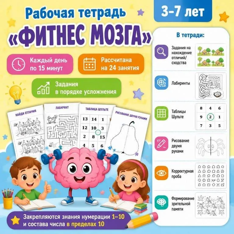 Обложка курса «Рабочая тетрадь «Фитнес мозга». 3-7 лет»