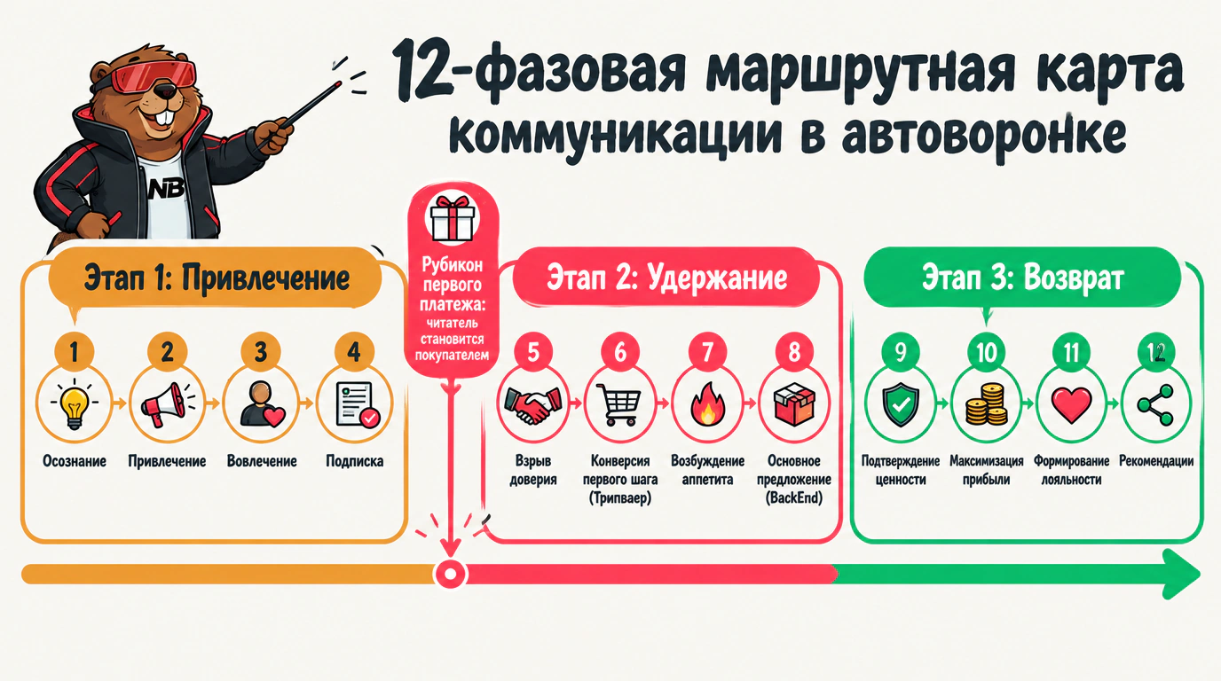 Инфографика 12-фазовой модели коммуникации автоворонки продаж по трем ключевым этапам