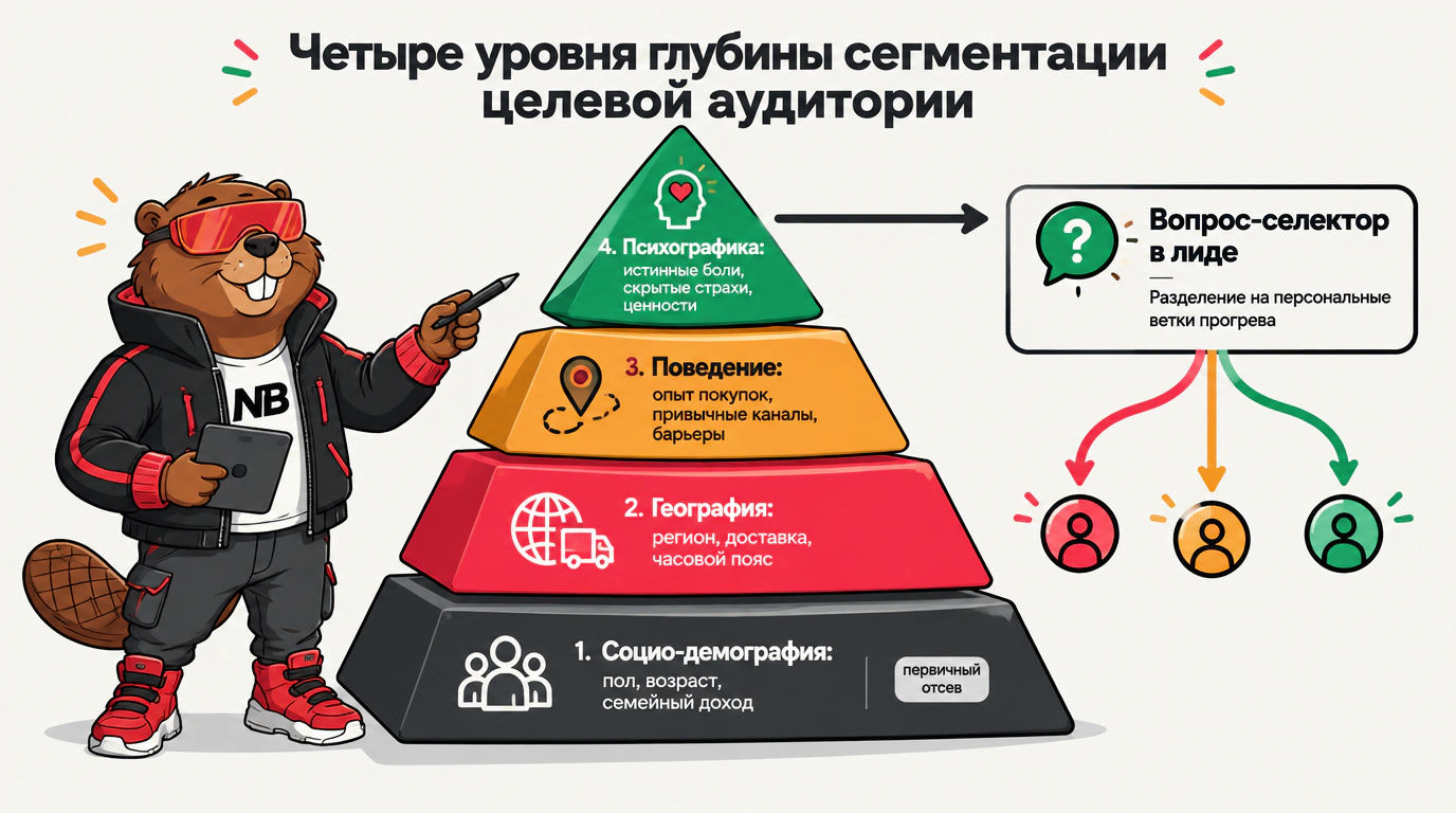 Инфографика 4 уровней глубины сегментации аудитории и персонализированного ветвления