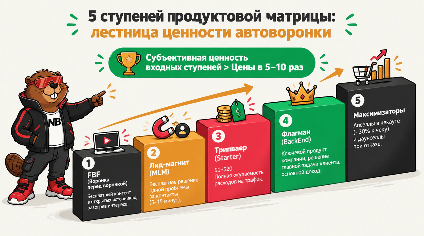 Инфографика архитектуры продуктовой матрицы: 5 ступеней лестницы ценности автоворонки