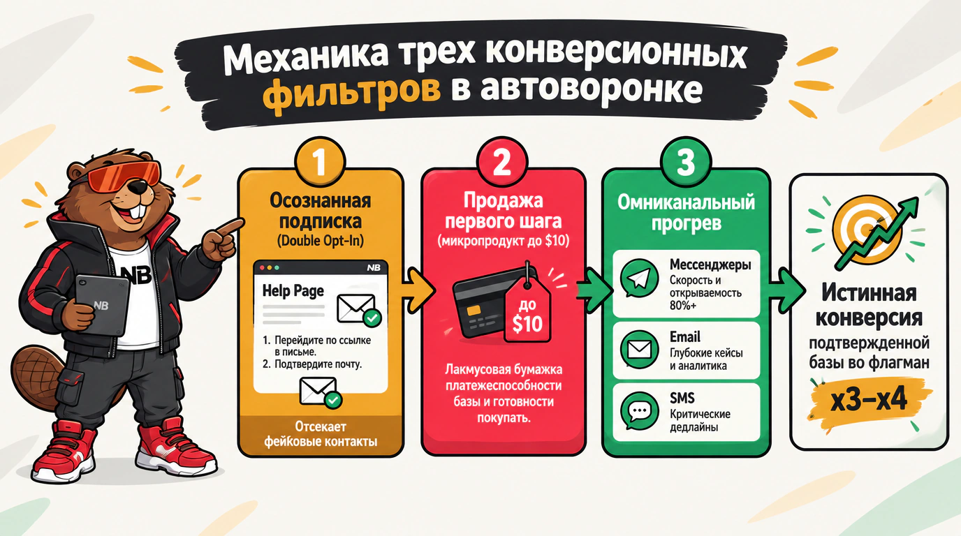 Инфографика трех ключевых механизмов конверсии и омниканального прогрева