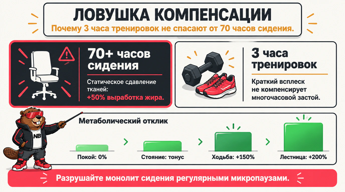 Инфографика «Ловушка компенсации»: сопоставление вреда сидячей неподвижности и метаболической отдачи малых движений