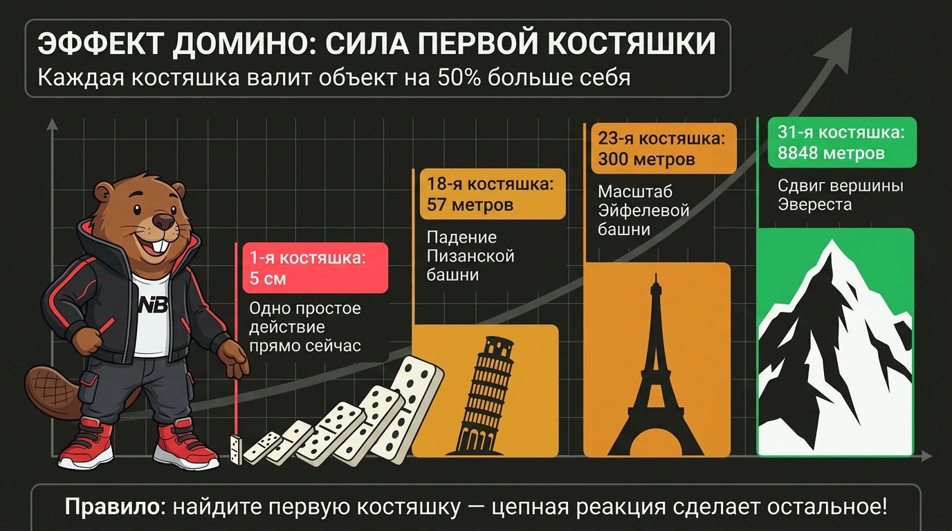Инфографика физики принципа домино от 5-сантиметровой костяшки до сдвига вершины Эвереста