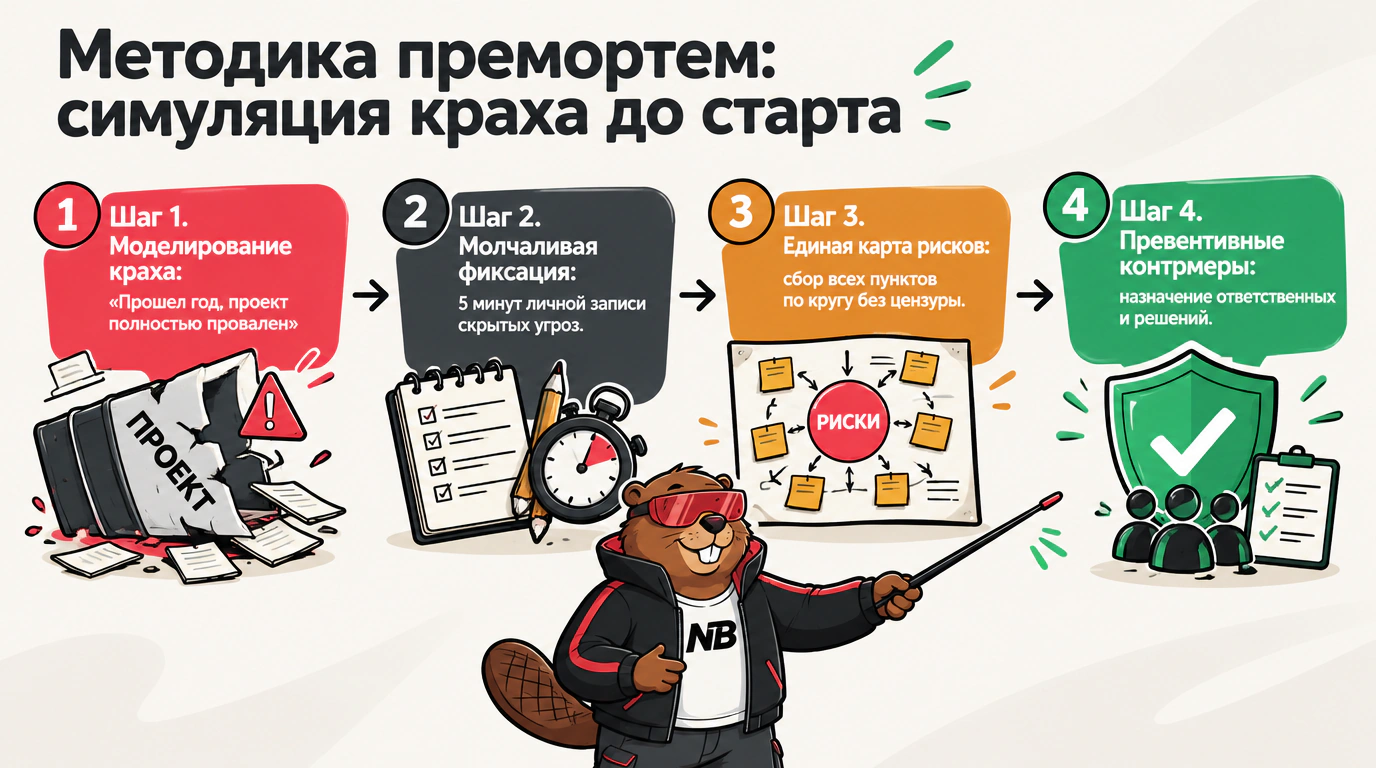 Схема 4 шагов методики премортем для превентивной защиты проекта до старта