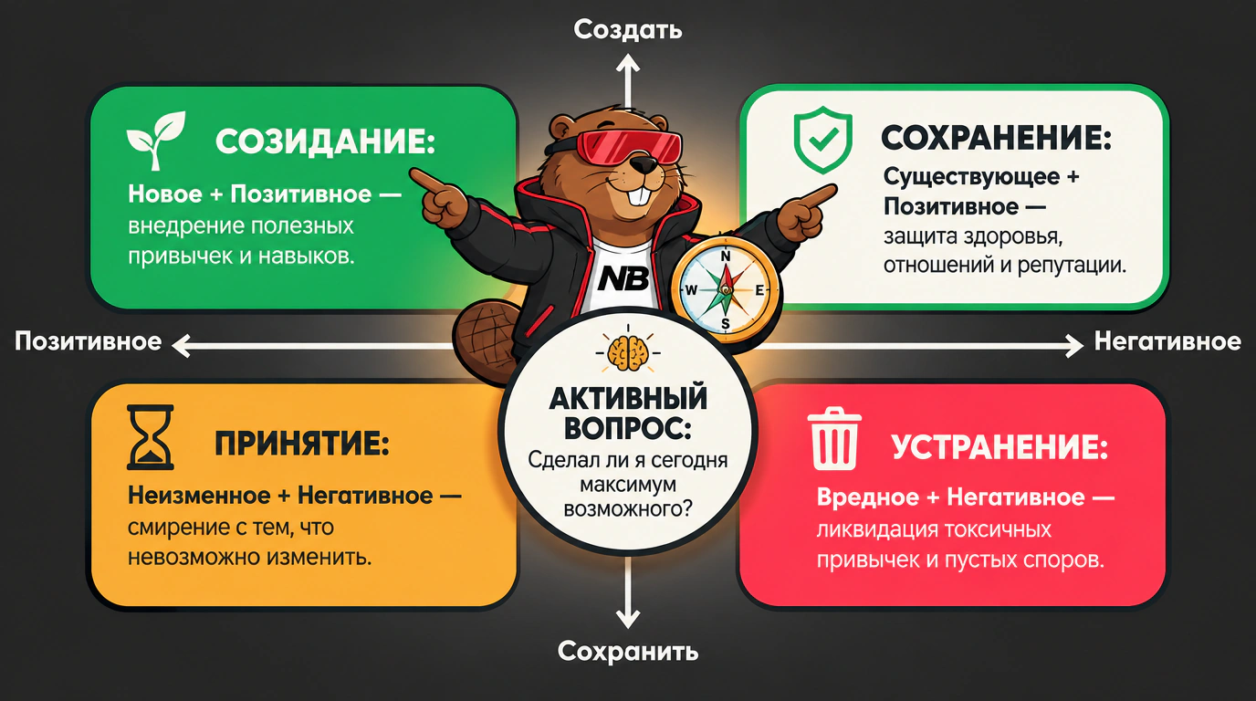 Инфографика матрицы четырех векторов перемен: квадранты созидания, сохранения, принятия и устранения.