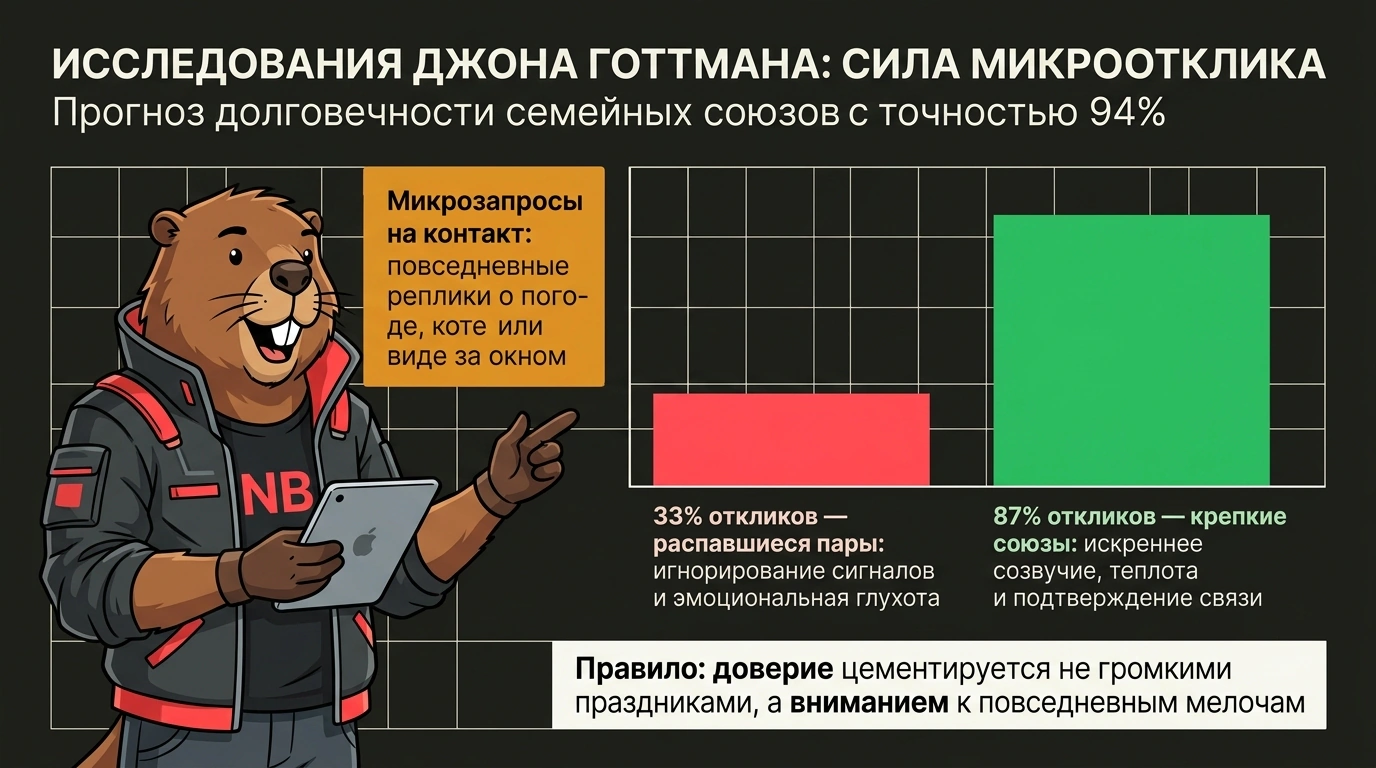 Инфографика исследований Джона Готтмана о влиянии повседневных микрооткликов на прочность отношений