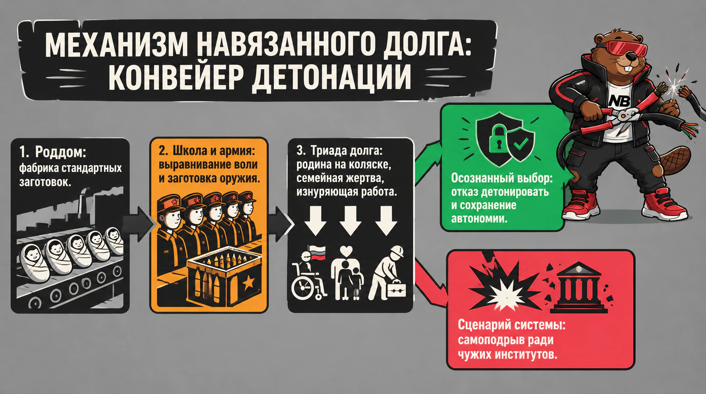 Схема конвейера навязанного долга: от стандартизации в роддоме и школе до развилки между самопожертвованием и отказом детонировать.