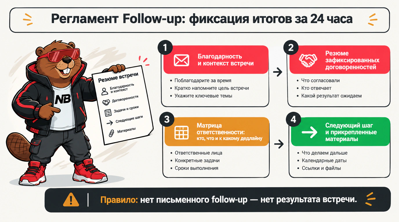 Инфографика регламента follow-up за 24 часа с четырьмя обязательными узлами продающего резюме