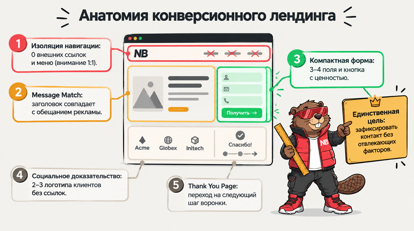 Инфографика анатомии конверсионного лендинга: соотношение внимания 1:1, принцип Message Match и устранение точек утечки трафика.