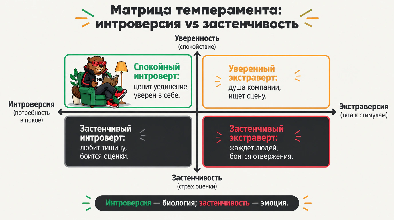 Инфографика матрицы Юнга и Кейн: разделение шкал интроверсии и застенчивости