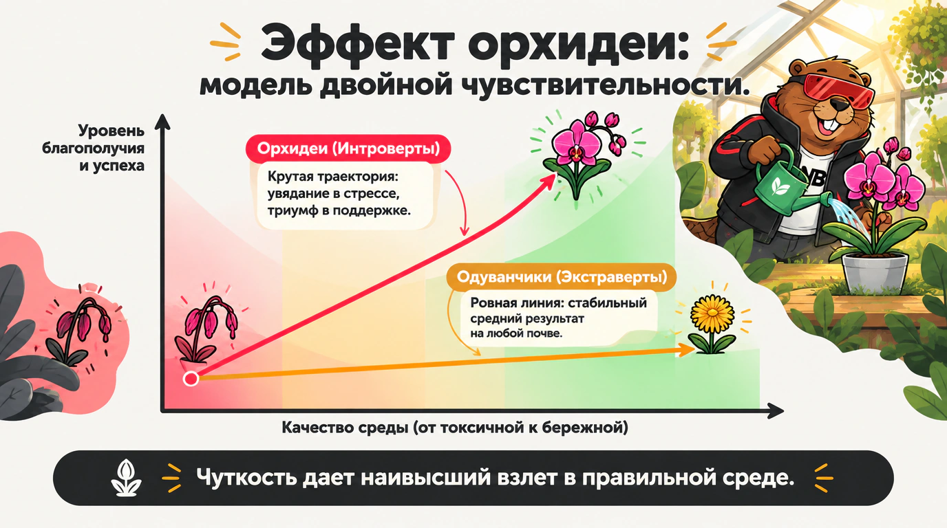 Инфографика эффекта орхидеи: сравнительная модель чувствительности одуванчиков и орхидей к окружающей среде