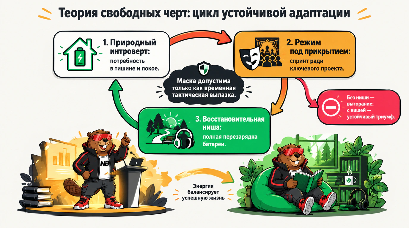 Инфографика цикла теории свободных черт: природный темперамент, тактическая мимикрия и восстановительная ниша