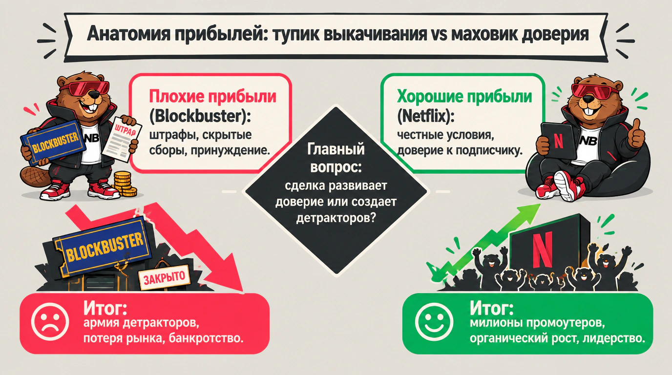 Сравнительная инфографика плохих прибылей Blockbuster и хороших прибылей Netflix в экономике искренней лояльности.