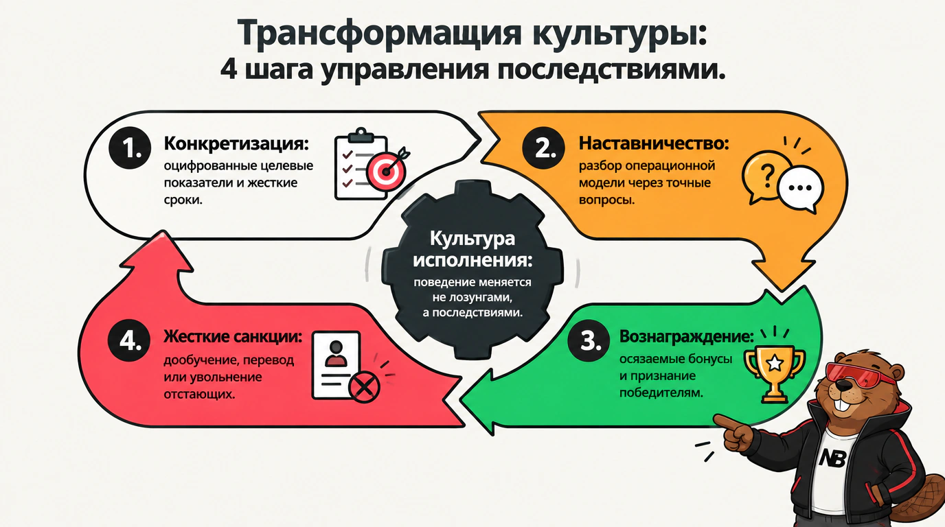 Схема четырех шагов трансформации корпоративной культуры через оцифрованные цели, наставничество и дифференциацию последствий