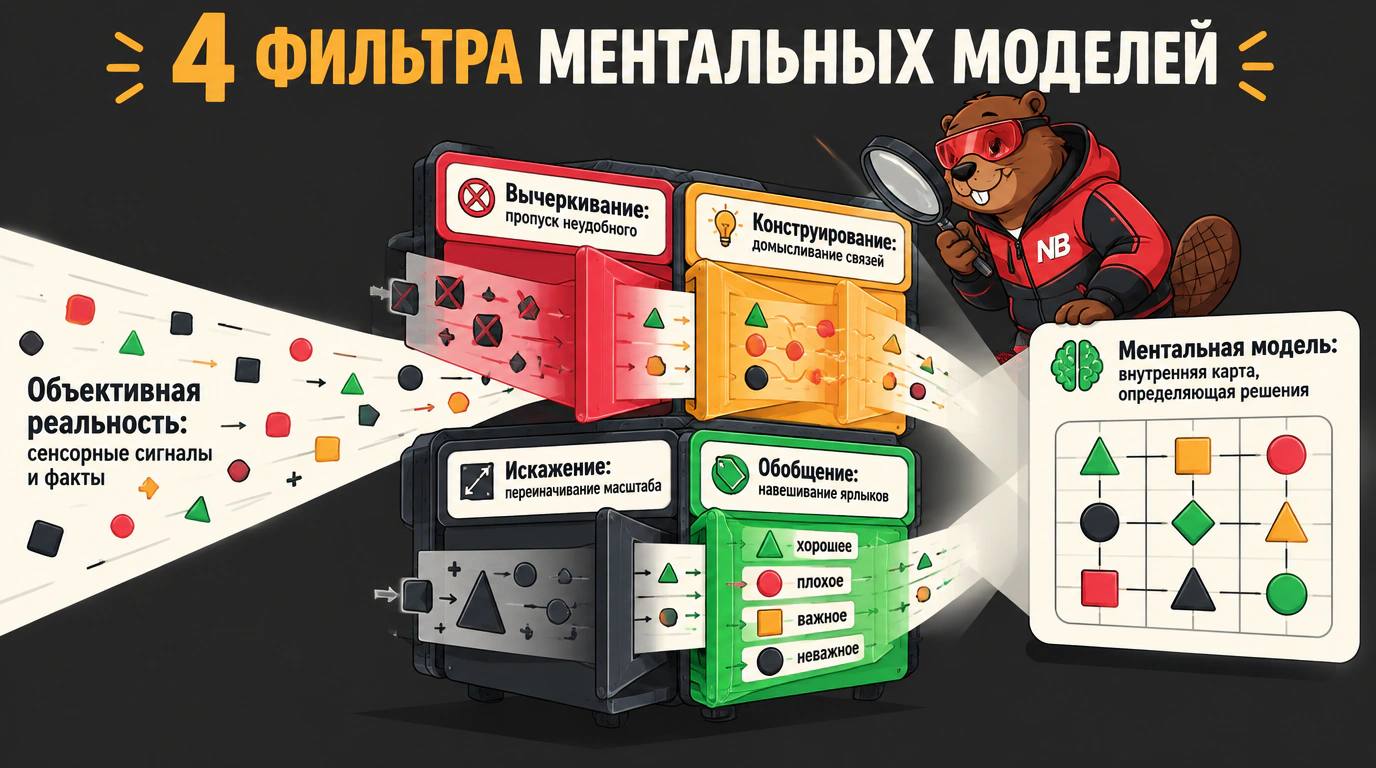 Инфографика четырех фильтров ментальных моделей: трансформация объективной реальности через вычеркивание, конструирование, искажение и обобщение