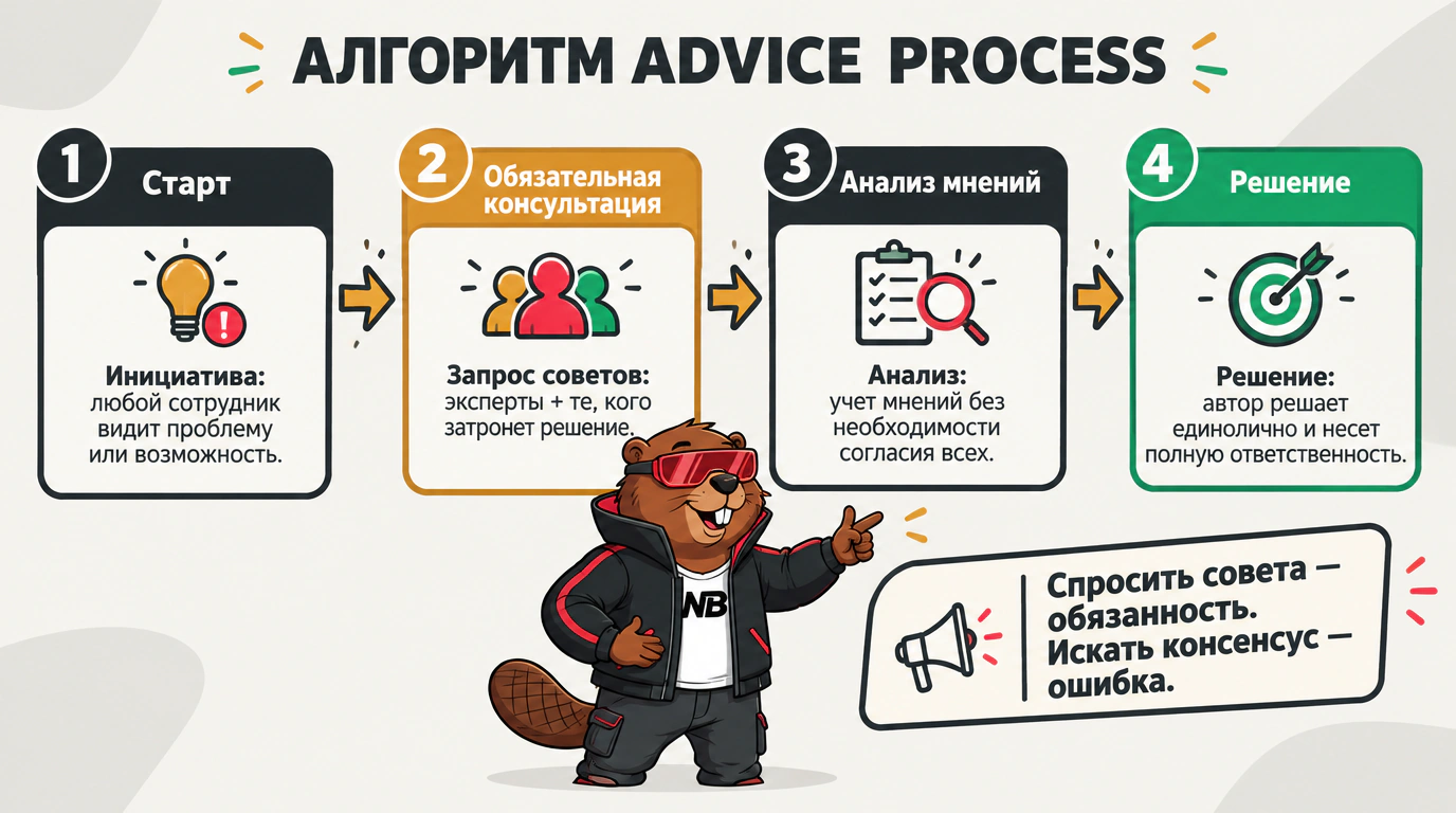 Блок-схема процесса внутреннего консультирования (Advice Process): четыре шага принятия решений от инициативы до персональной ответственности.