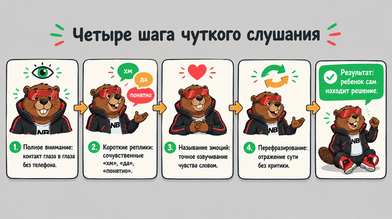 Инфографика четырех приемов чуткого слушания ребенка