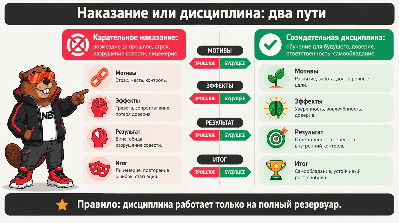 Сравнительная инфографика карательного наказания и созидательной дисциплины: цели, методы и долгосрочные последствия для характера ребенка