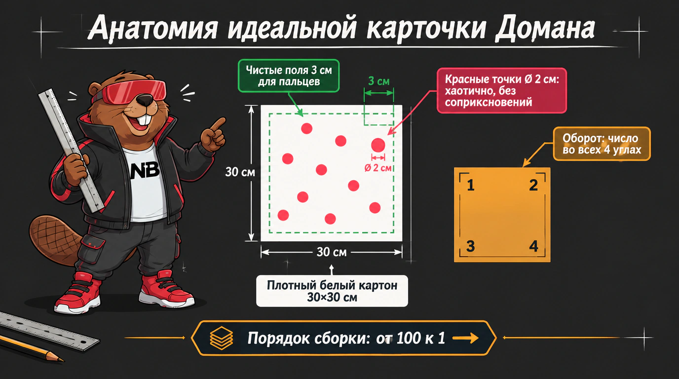 Инфографика технических параметров и анатомии учебной карточки Домана с точками