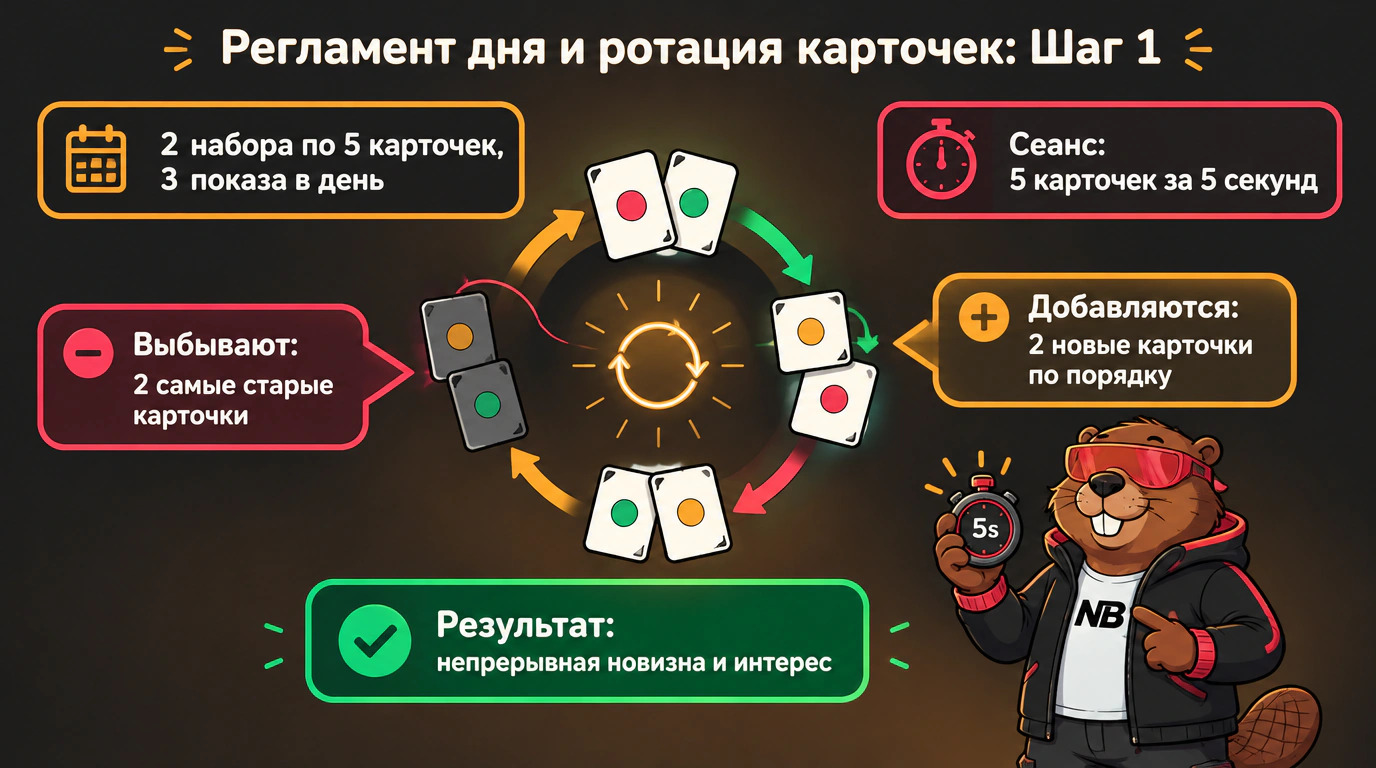 Инфографика суточного регламента и циклической ротации карточек на первом шаге