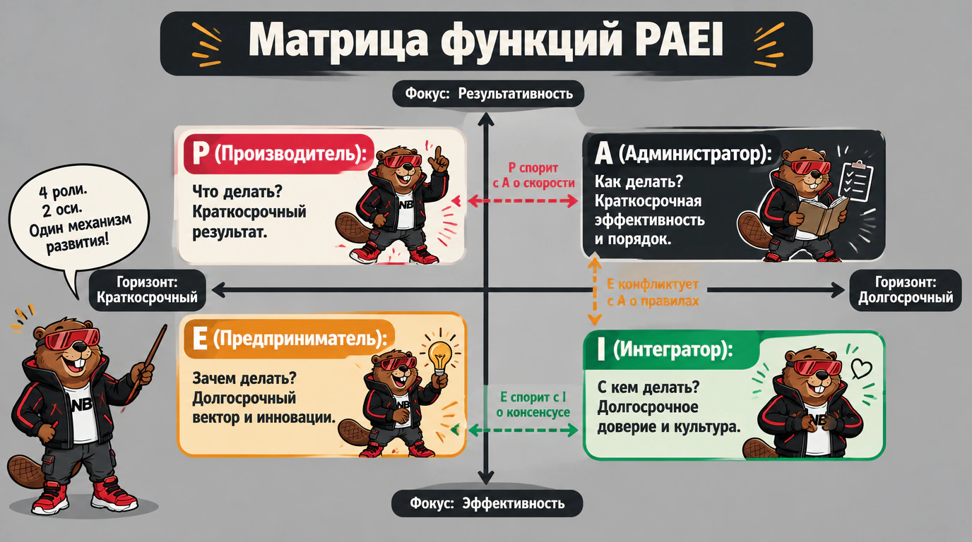 Схема-матрица четырех управленческих функций PAEI с разделением по временному горизонту и критериям результативности и эффективности.