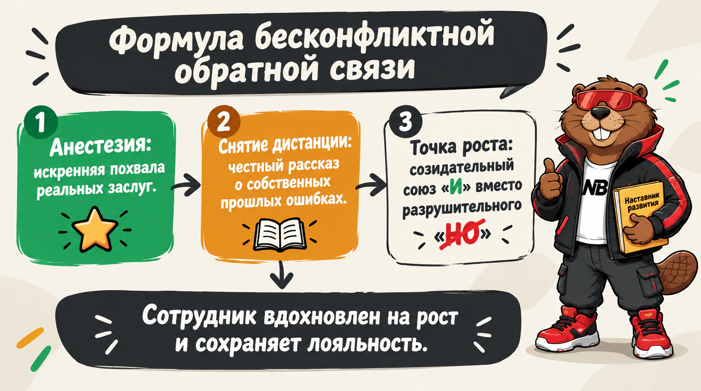 Инфографика трехфазной формулы бесконфликтной развивающей обратной связи.