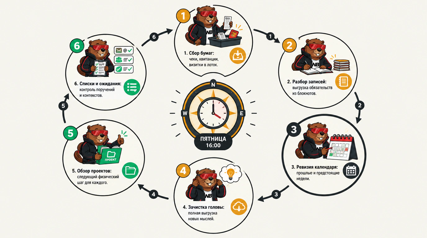 Инфографика еженедельного обзора Weekly Review: шестишаговый цикл синхронизации системы от сбора бумаг до ревизии проектов и списков.