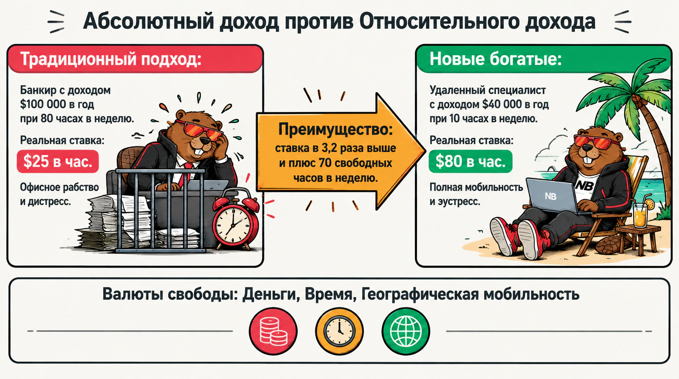 Инфографика сравнения абсолютного дохода офисного сотрудника и относительного дохода Новых богатых
