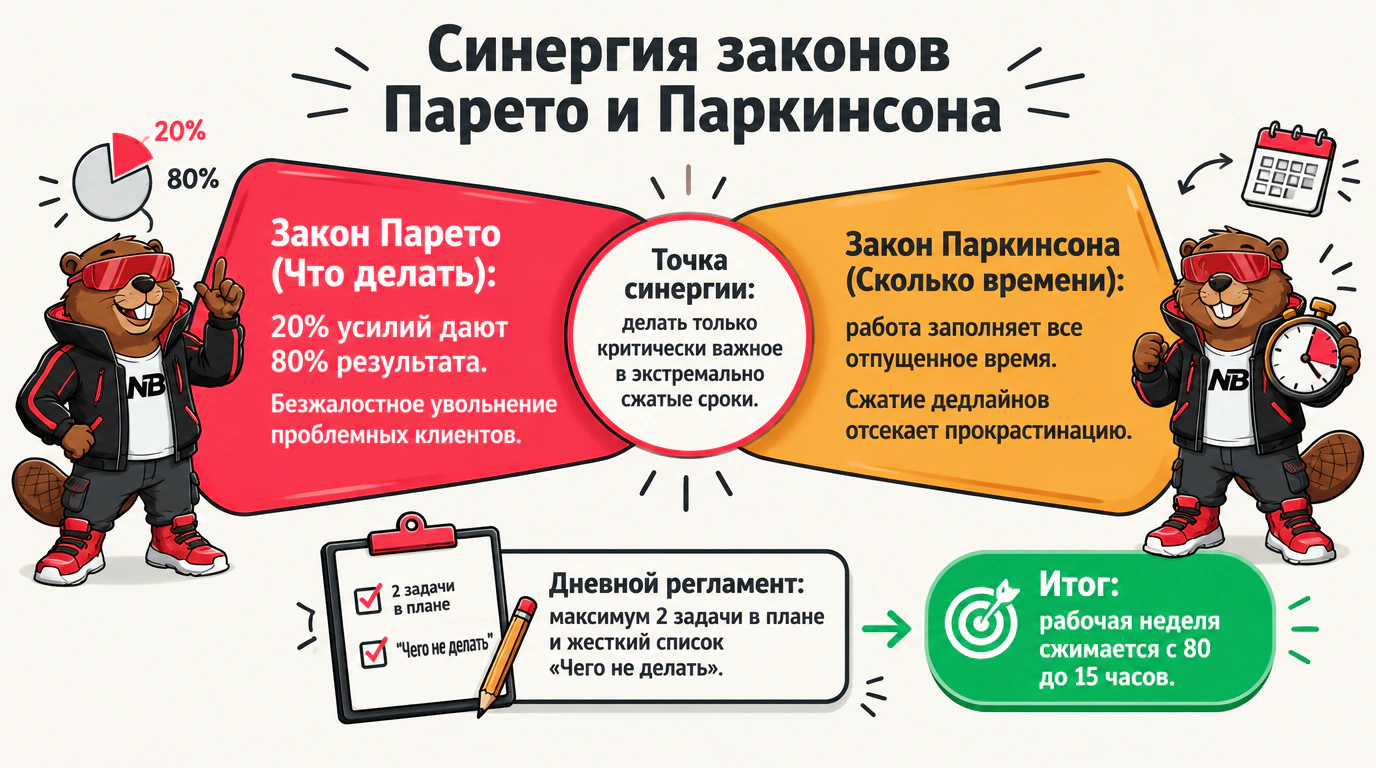 Инфографика синергии закона Парето и закона Паркинсона для сокращения рабочего дня
