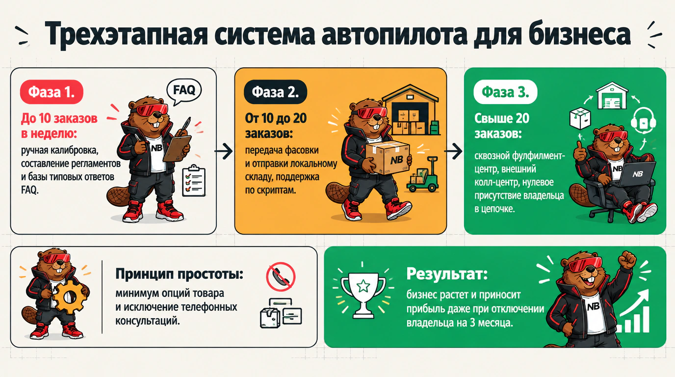 Инфографика трехэтапной системы масштабирования бизнеса на автопилоте по порогам заказов
